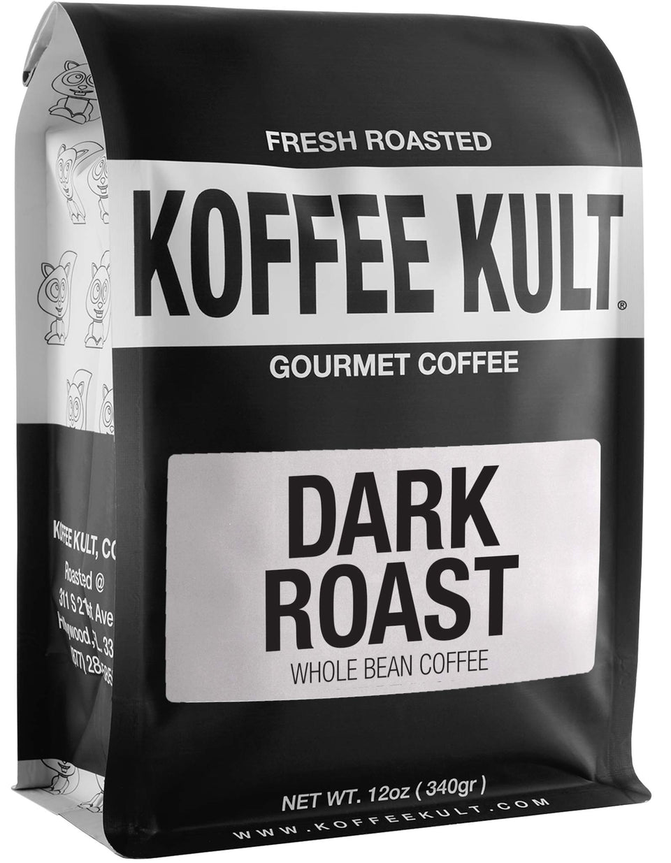 Koffee Kult dark roast coffee beans in a resealable bag preserving freshness.
