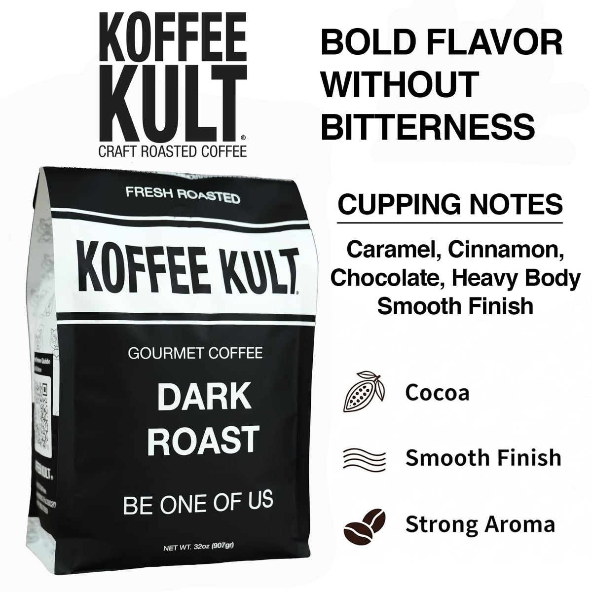 Koffee Kult coffee beans in grinder enable a smooth espresso base.