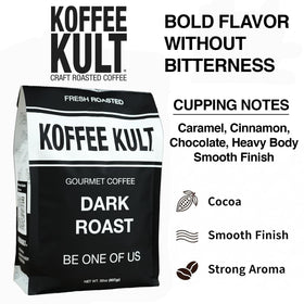 Koffee Kult coffee beans in grinder enable a smooth espresso base.