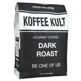 Koffee Kult dark roast whole bean bag ready for grinding to unlock aroma.