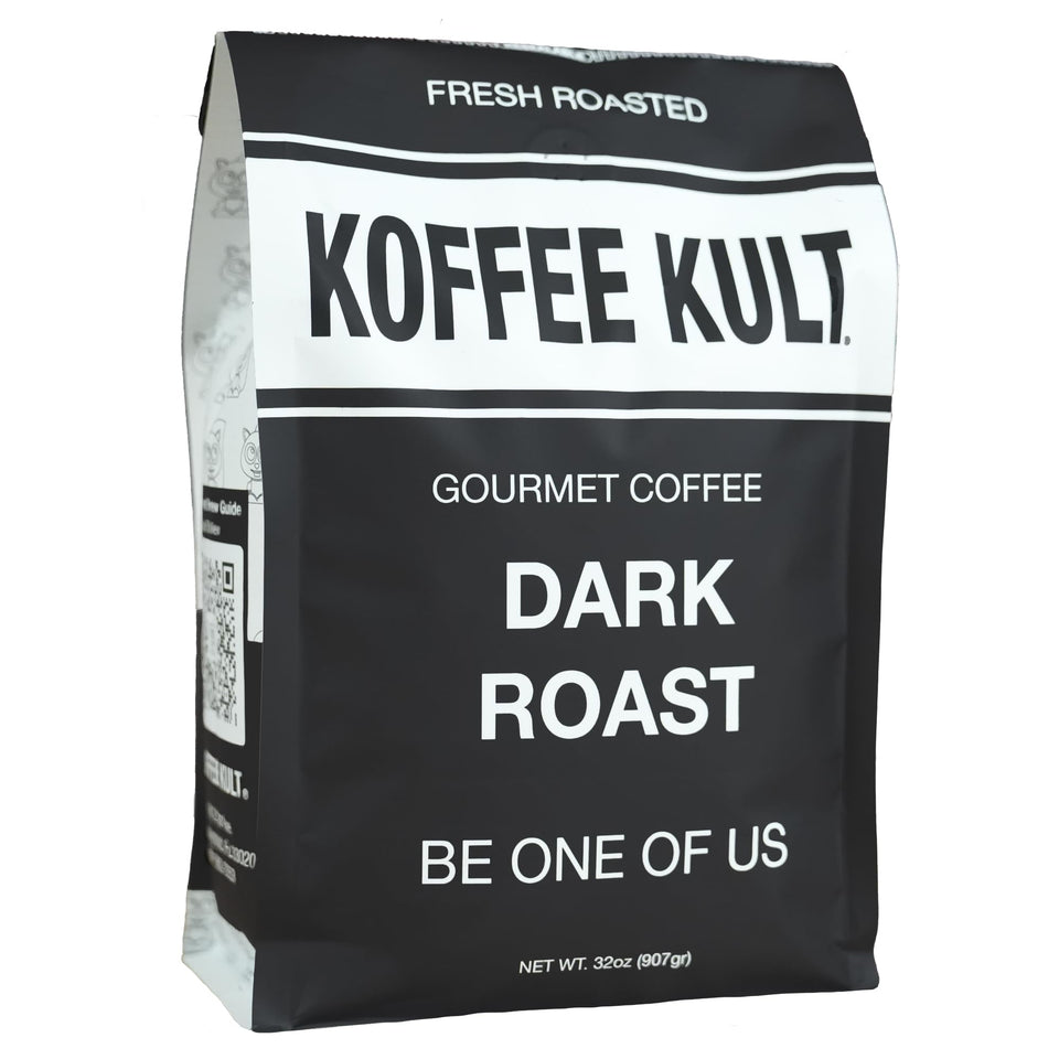 Koffee Kult dark roast whole bean bag ready for grinding to unlock aroma.