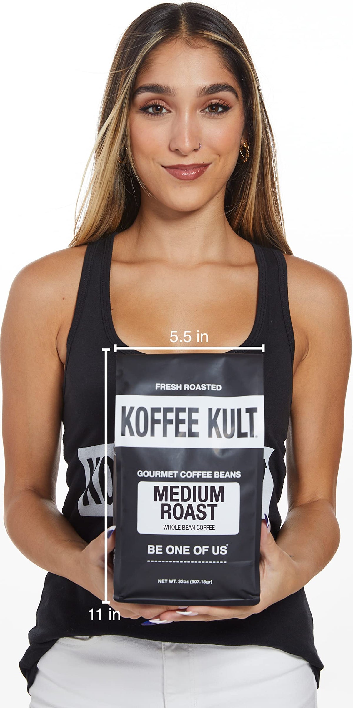 Retail display of Koffee Kult medium roast beans in a shop.