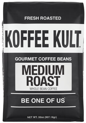 Close-up of Koffee Kult medium roast beans showing rich color.