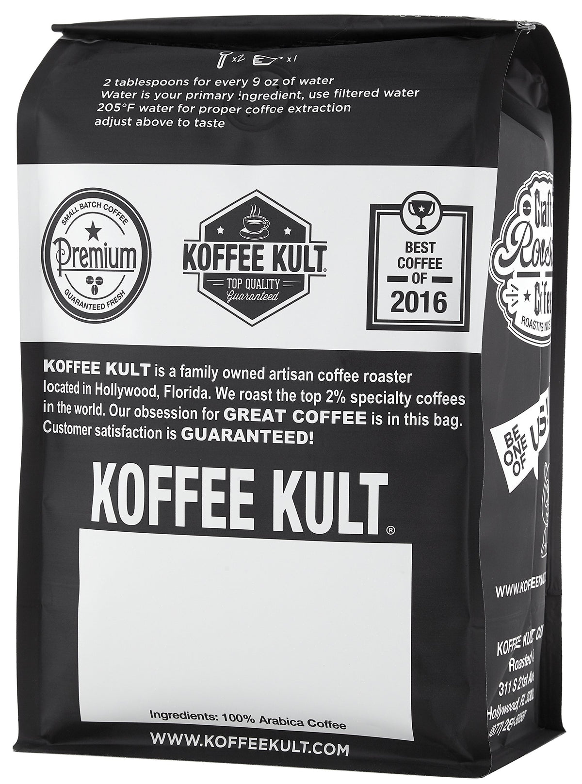 Brewed Koffee Kult medium roast cup with smooth finish.