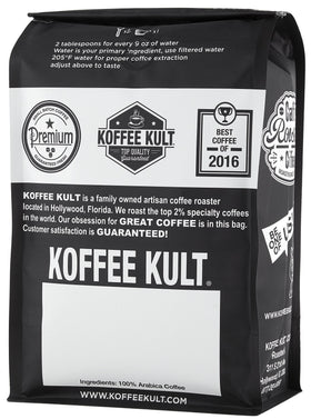 Brewed Koffee Kult medium roast cup with smooth finish.