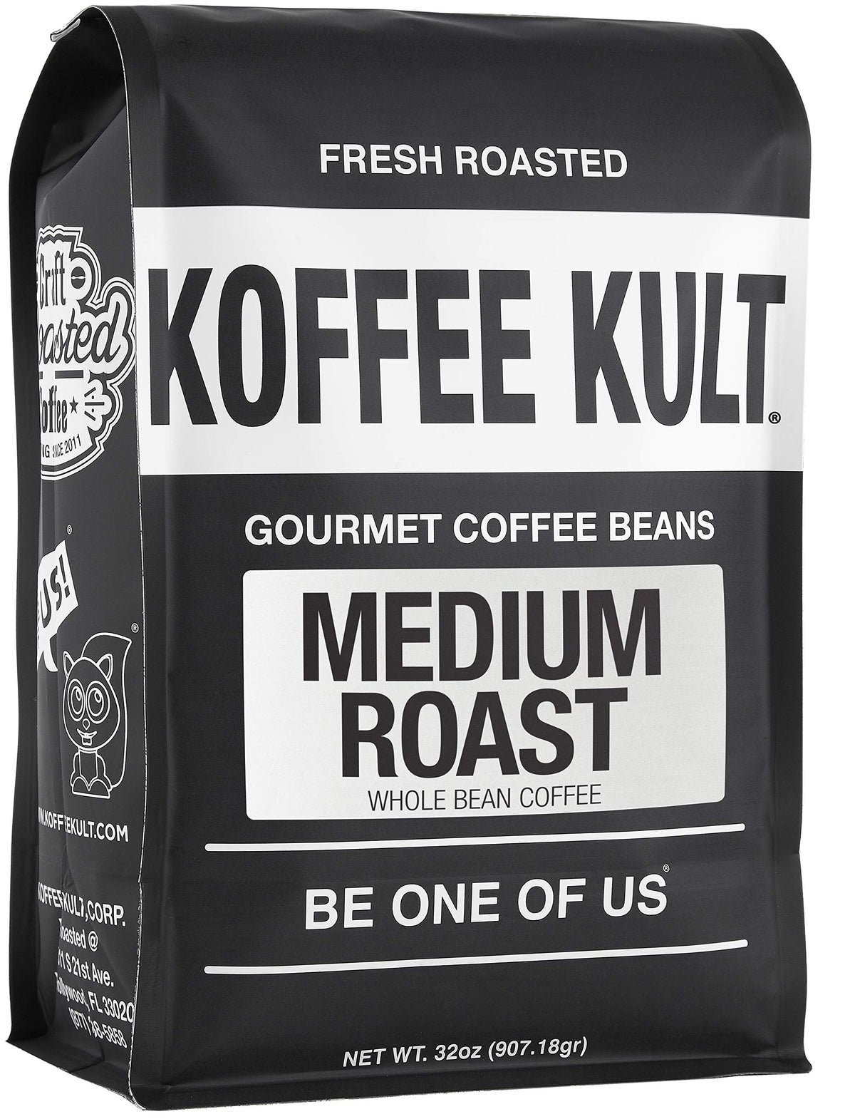 Koffee Kult medium roast whole beans in a bag, ready to grind.