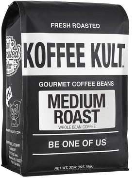 Koffee Kult medium roast whole beans in a bag, ready to grind.