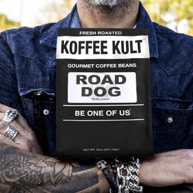 Koffee Kult Road Dog dark roast prepared as drip coffee