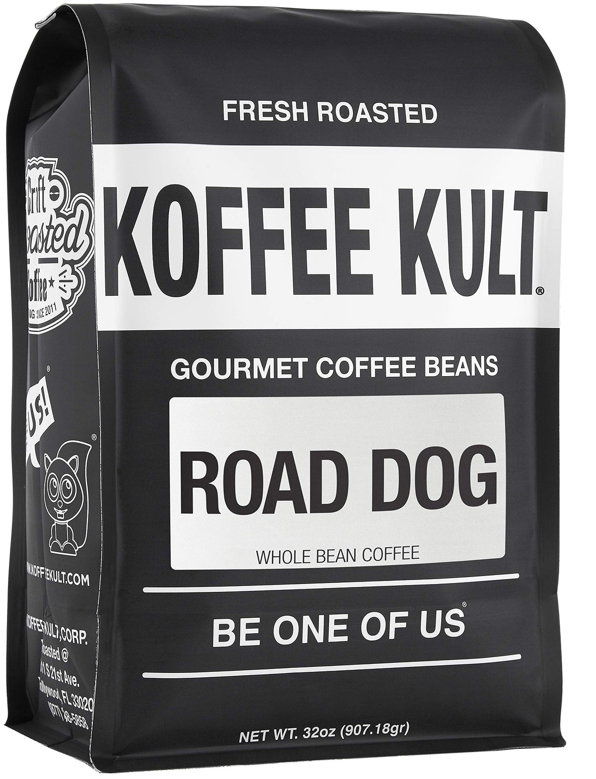 Koffee Kult Road Dog dark roast whole bean 32oz ready for grinding and brewing