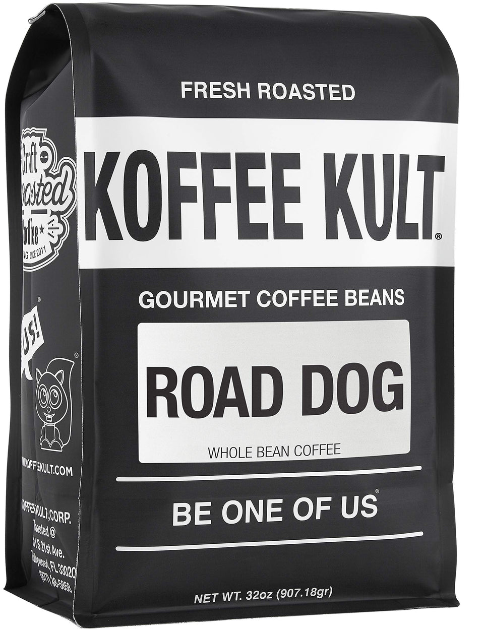 Koffee Kult Road Dog dark roast whole bean 32oz ready for grinding and brewing