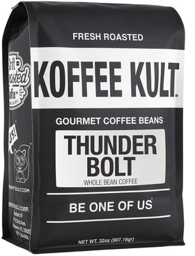 Koffee Kult Thunder Bolt 32oz bag ready for bold flavor.