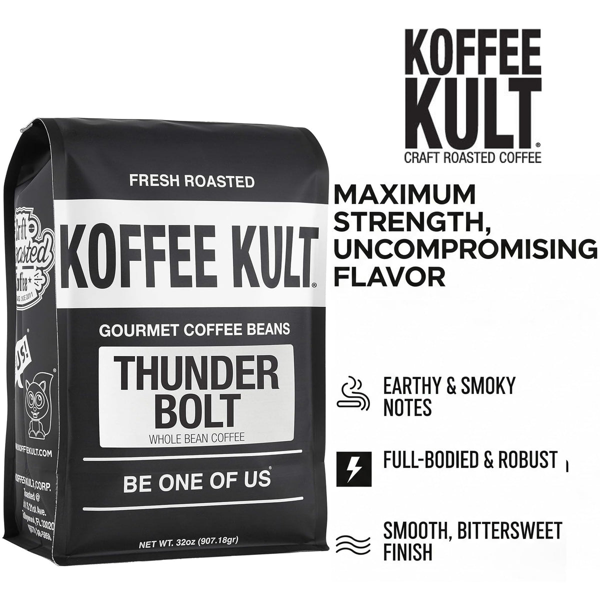 Koffee Kult Thunder Bolt beans closeup showing premium arabica.