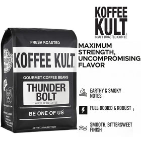 Koffee Kult Thunder Bolt beans closeup showing premium arabica.