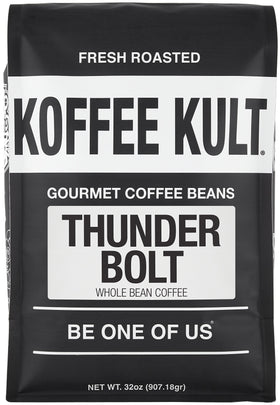 Koffee Kult Thunder Bolt cup emits dark roast aroma.