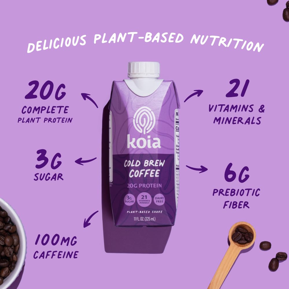 Koia cold brew shake poured into glass displays creamy plant-based energy