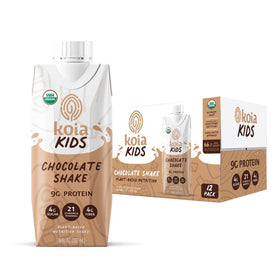 Koia Kids chocolate shake bottle shows creamy, on-the-go nutrition for active kids.