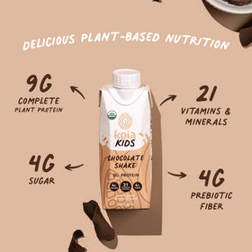 Koia Kids chocolate shake label closeup with clear ingredient branding.