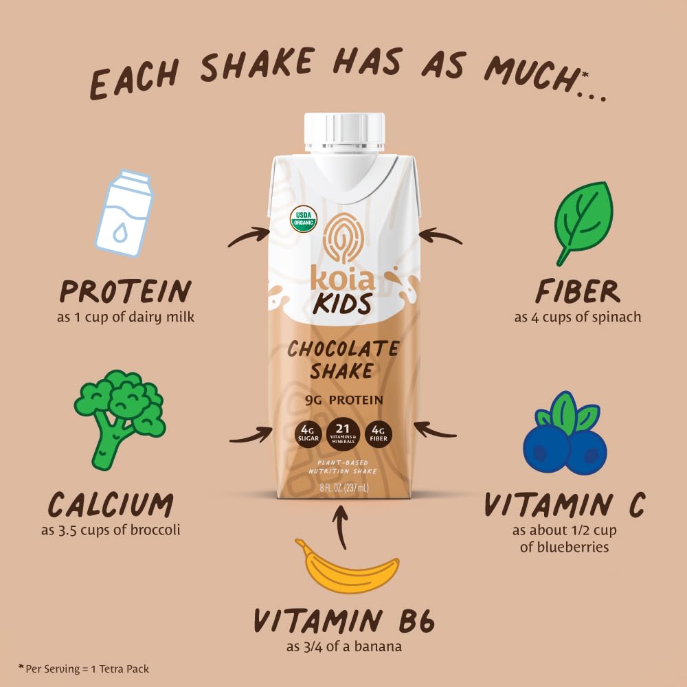 Koia Kids drinking chocolate shake, kid-friendly ready-to-drink nutrition on the go.