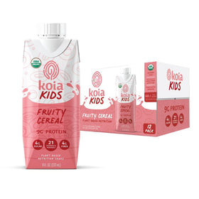 Koia Kids Fruity Cereal bottle close-up showing dairy-free protein for growing kids
