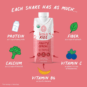 Koia Kids Fruity Cereal glass shows creamy texture and kid-friendly flavor