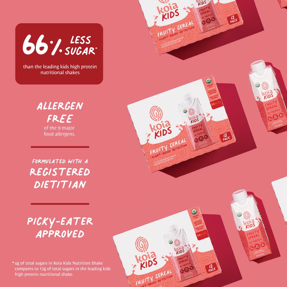 Koia Kids Fruity Cereal label close-up noting vitamins and allergen-free attributes