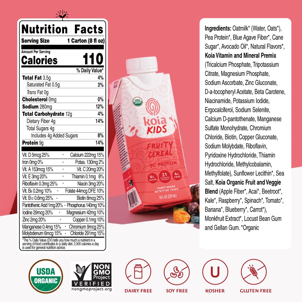 Koia Kids Fruity Cereal packaging box emphasizing organic, non-GMO, and dairy-free traits
