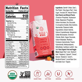 Koia Kids Fruity Cereal packaging box emphasizing organic, non-GMO, and dairy-free traits