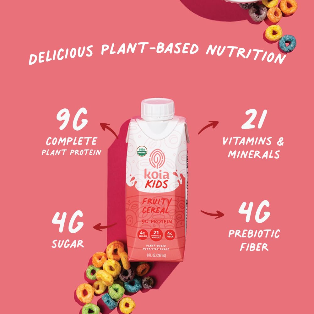Koia Kids Fruity Cereal being poured to highlight convenient ready-to-drink format