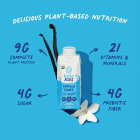 Koia Kids Vanilla bottle close-up highlighting plant-based protein
