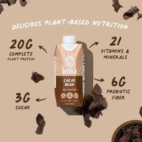 Koia plant-based shake label close-up highlights 21 vitamins and minerals.