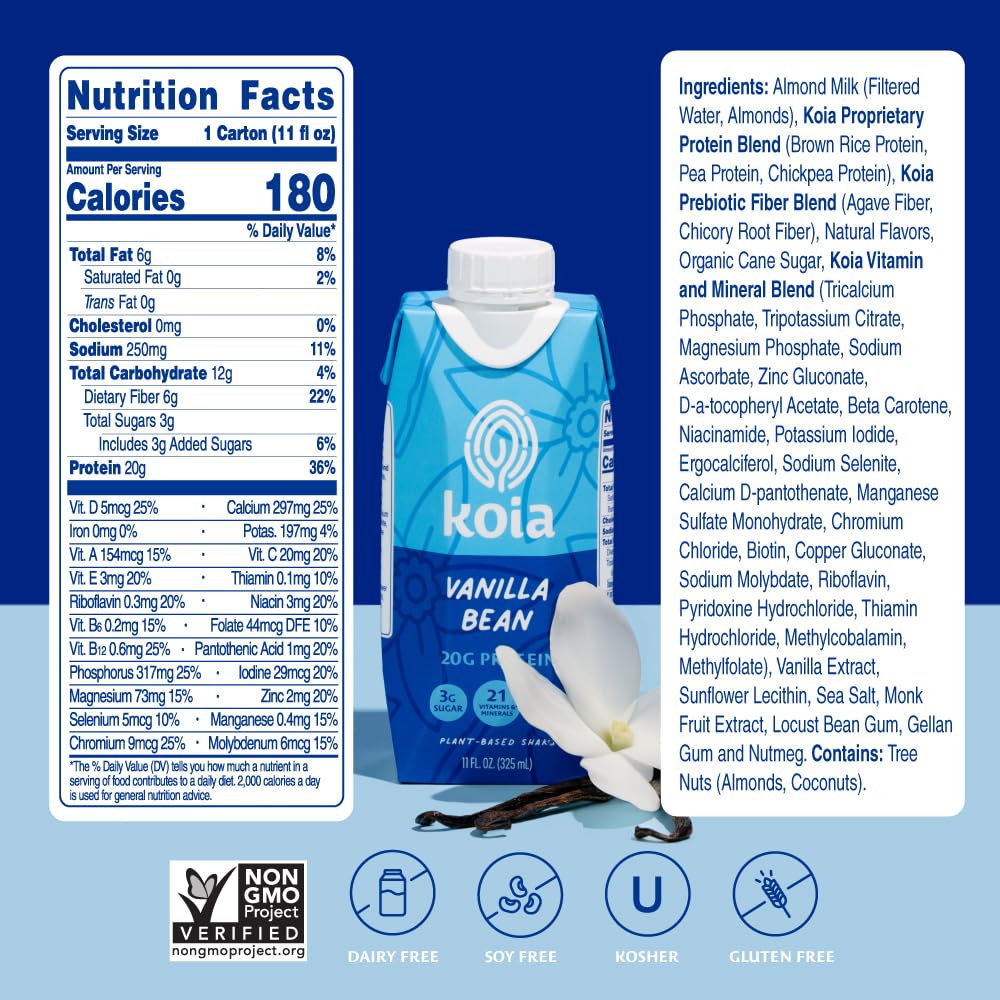 Close-up of Koia Vanilla Bean ingredients: rice, peas, chickpeas and fiber