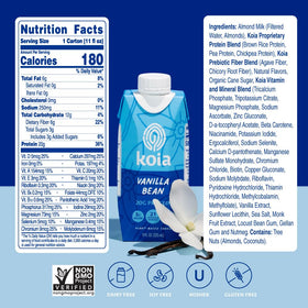 Close-up of Koia Vanilla Bean ingredients: rice, peas, chickpeas and fiber