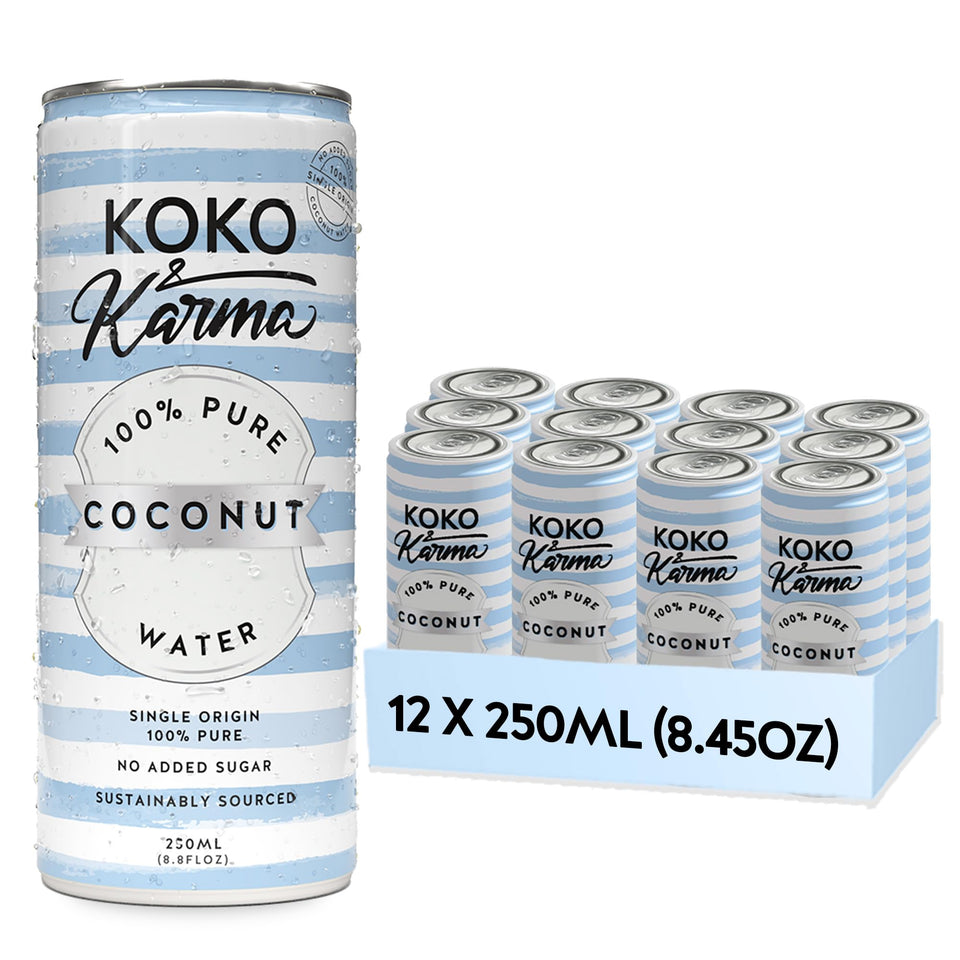 Koko and Karma Pure Coconut Water 12-pack can front view for convenient hydration on the go.