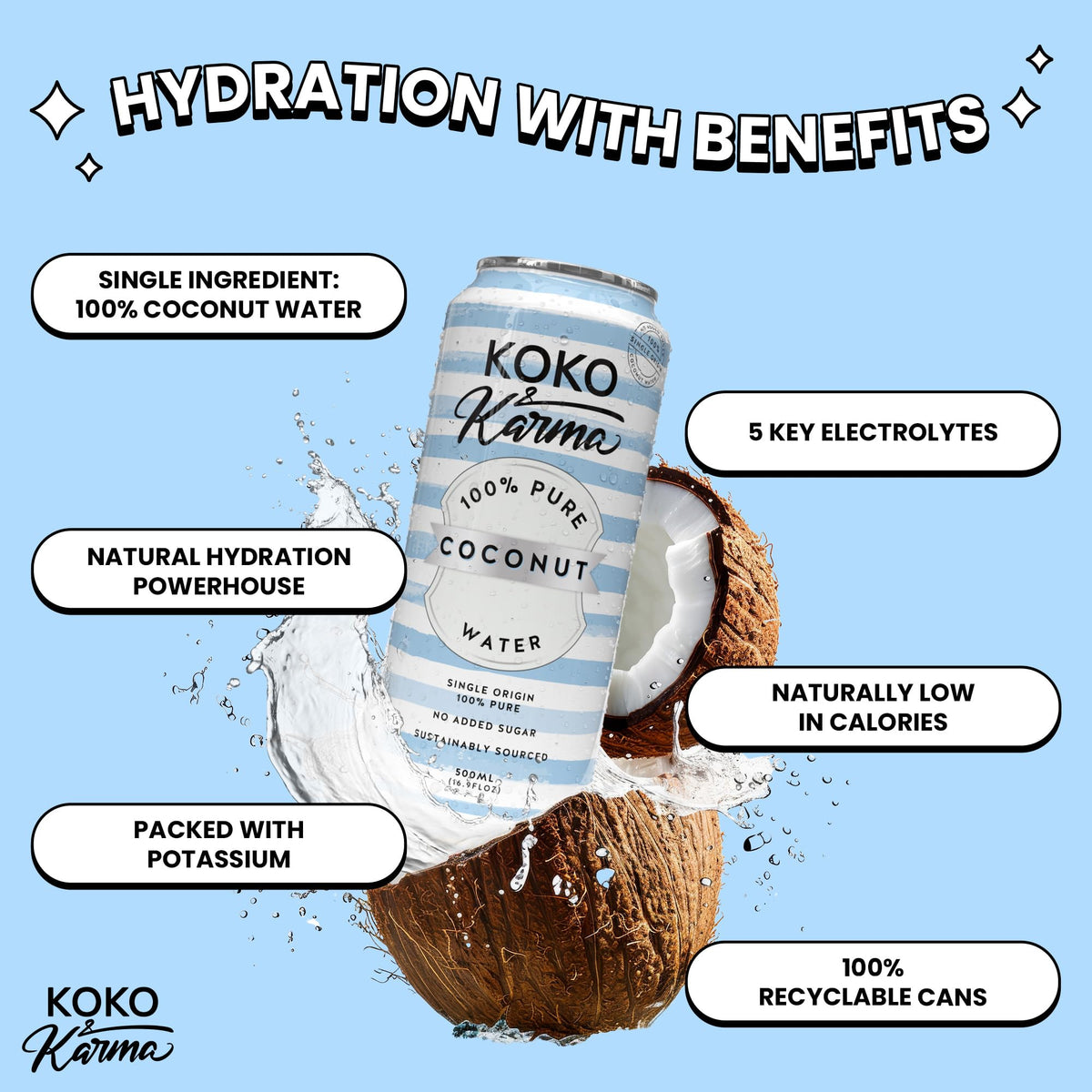Koko and Karma coconut water 12-pack can side view highlights compact everyday refreshment.