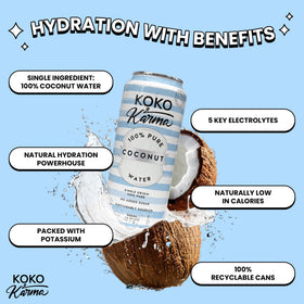 Koko and Karma coconut water 12-pack can side view highlights compact everyday refreshment.
