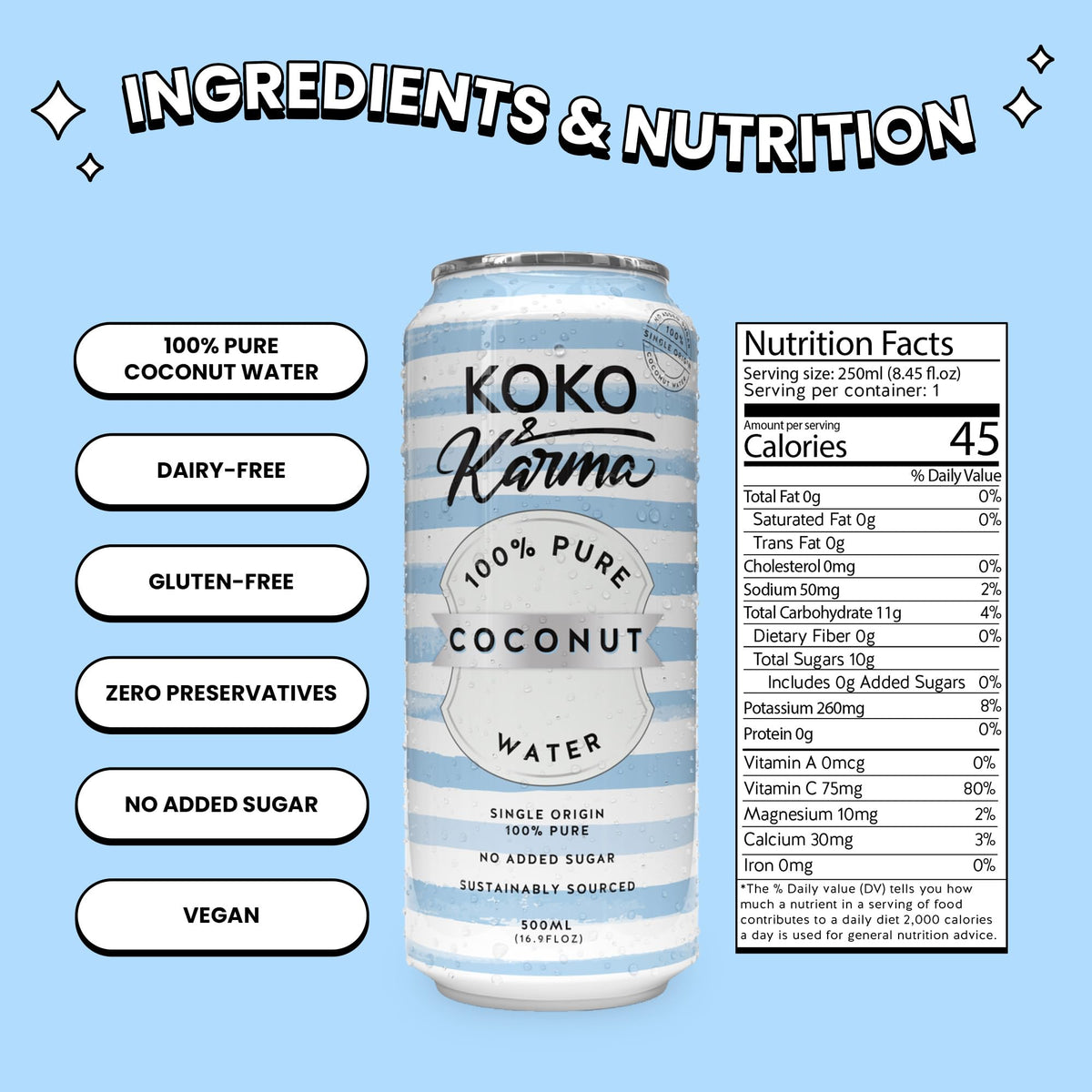 Koko and Karma chilled coconut water over ice conveys refreshment.