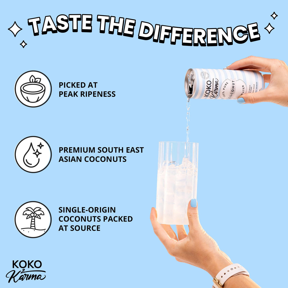 Koko and Karma coconut water label close-up emphasizes no added sugar.
