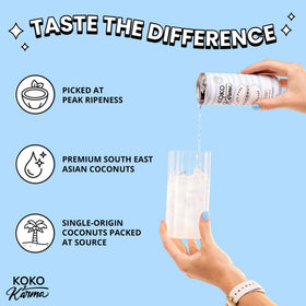Koko and Karma coconut water label close-up emphasizes no added sugar.