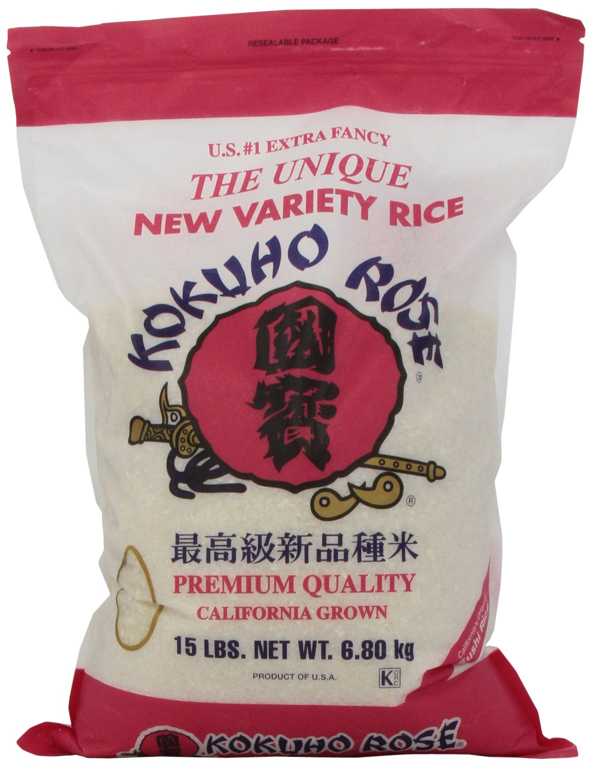 Kokuho Rose Rice 15lb bag with uncooked grains for versatile meals.