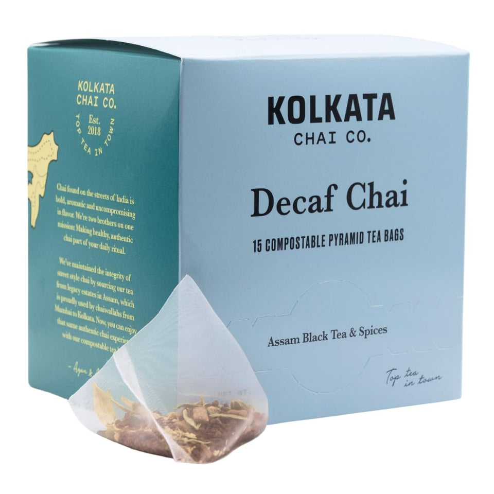 Kolkata Chai Co decaf tea bags in a 15-count box for easy brewing