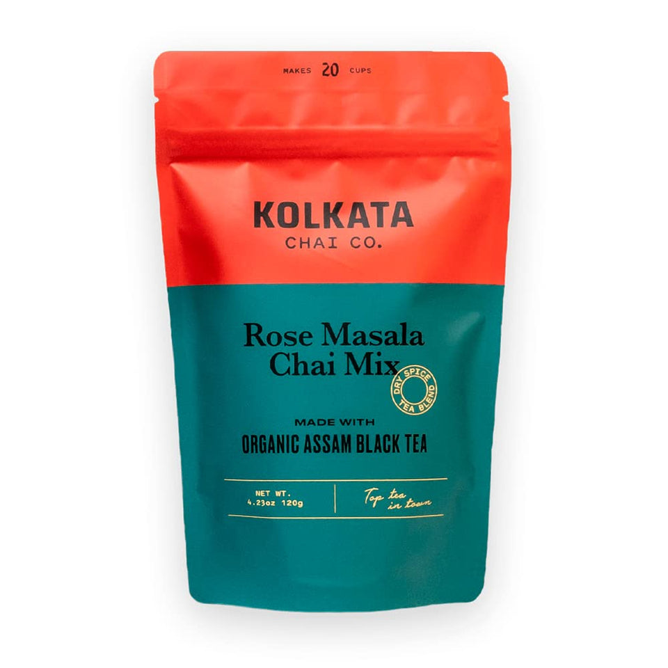 Kolkata Chai Co Rose Masala Chai mix packaging highlights premium organic tea for morning ritual