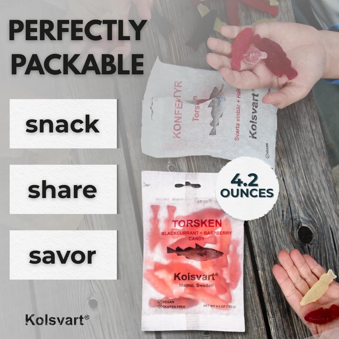Kolsvart cod-shaped gummy with Malmö-inspired artistic design.