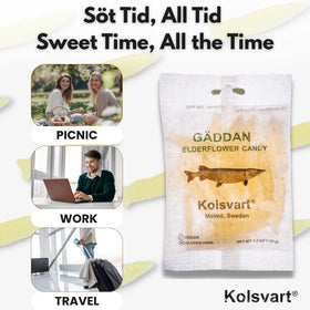 KOLSVART candy bag showcasing Swedish summer joy and pike shape