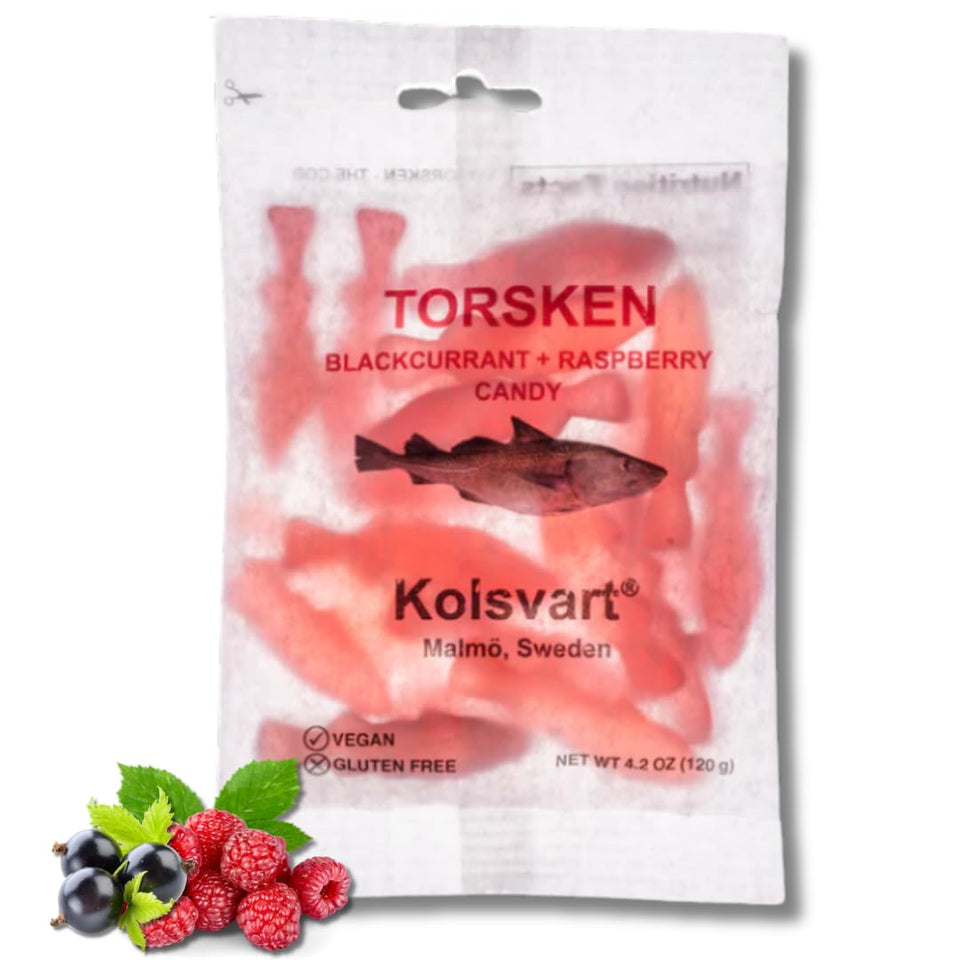 Kolsvart cod-shaped gummy in blackcurrant flavor, vegan and gluten-free.