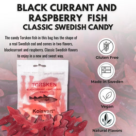 Kolsvart cod-shaped gummy in raspberry flavor, vegan and gluten-free.