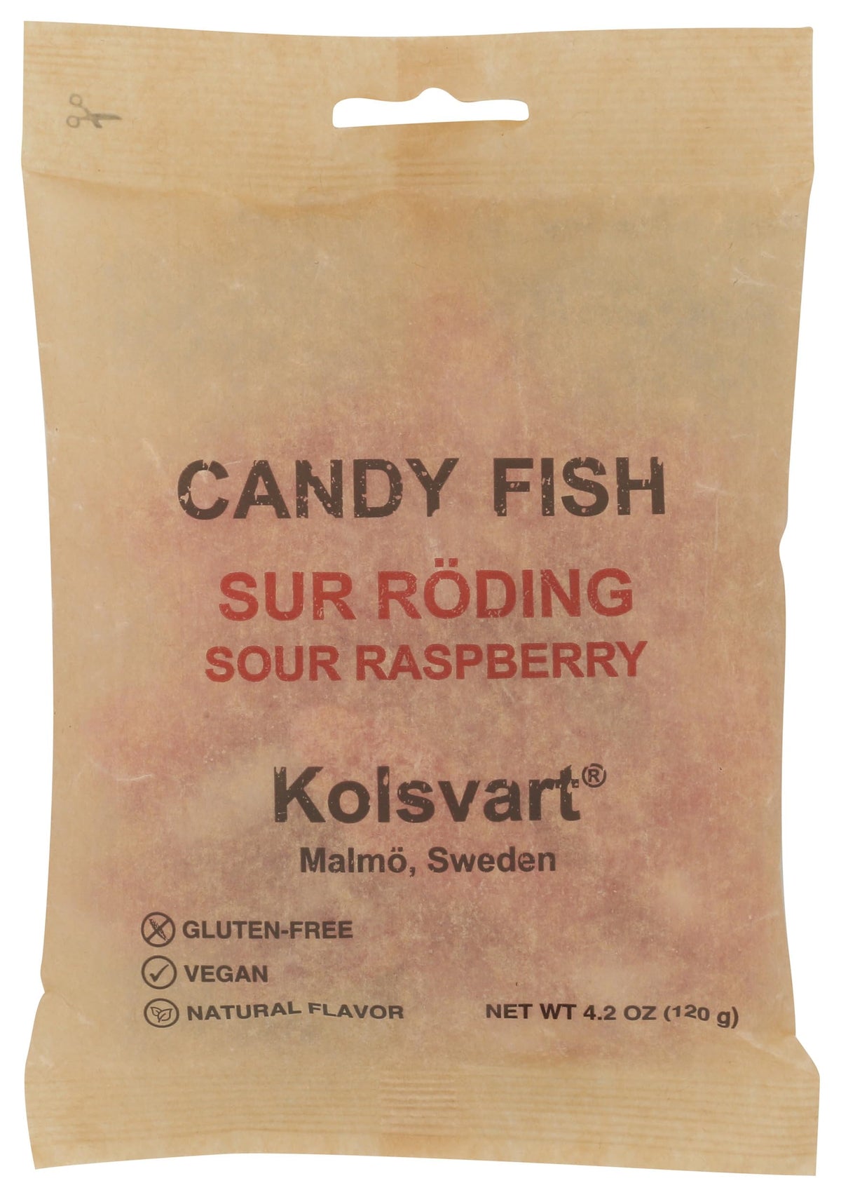 Kolsvart Roding sour raspberry candy, vegan and gluten-free Swedish gummy, ideal for snacking.
