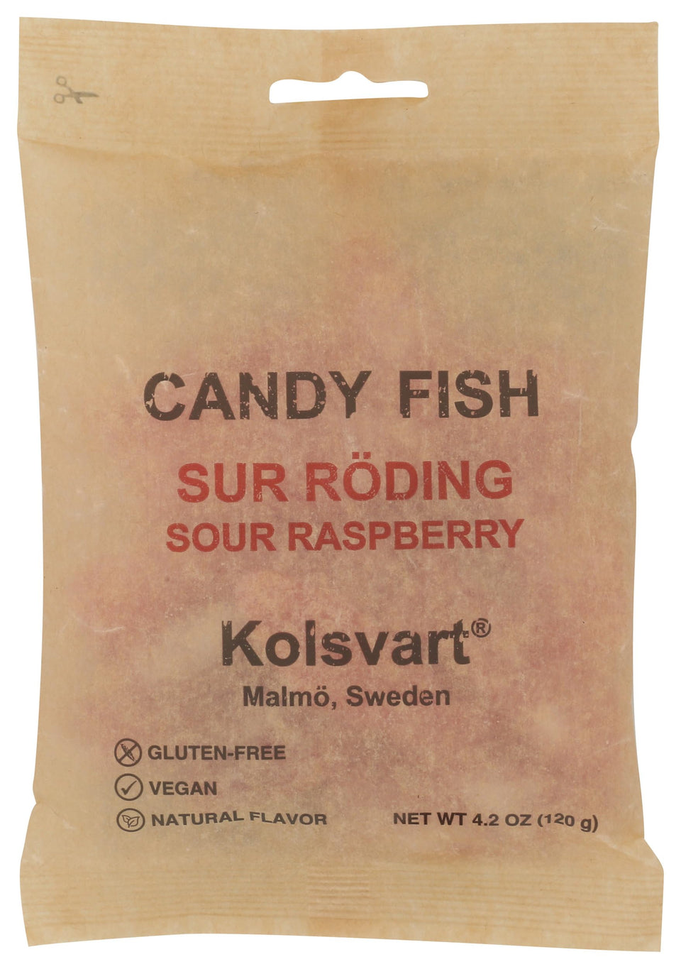 Kolsvart Roding sour raspberry candy, vegan and gluten-free Swedish gummy, ideal for snacking.