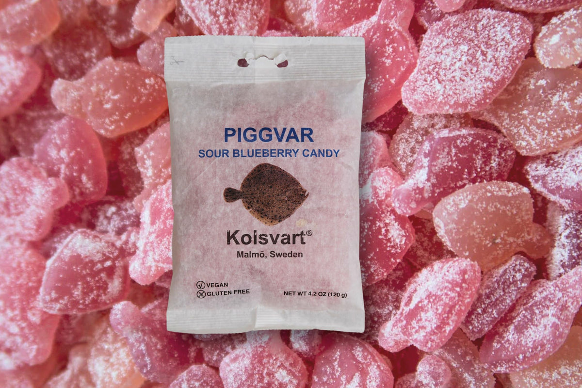 Kolsvart Sour Blueberry gummies packaging view emphasizes vegan, gluten-free promise and premium presentation.