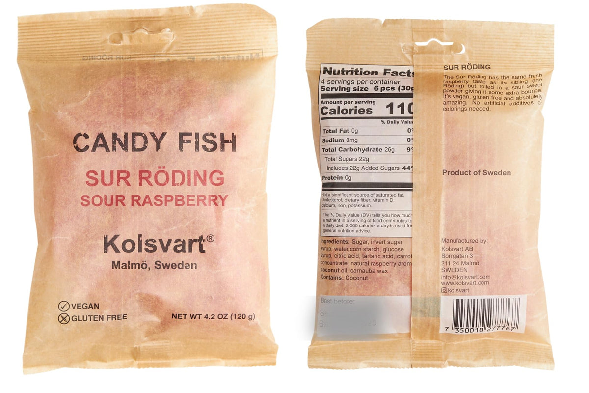 Kolsvart Sour Raspberry Gummies packaging emphasizing clean-label, gluten-free ingredients