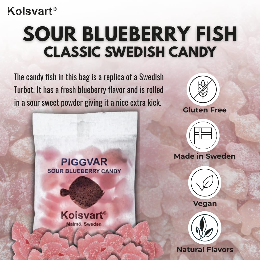 Kolsvart sour-blueberry gummy, tangy bite ideal for snack breaks.